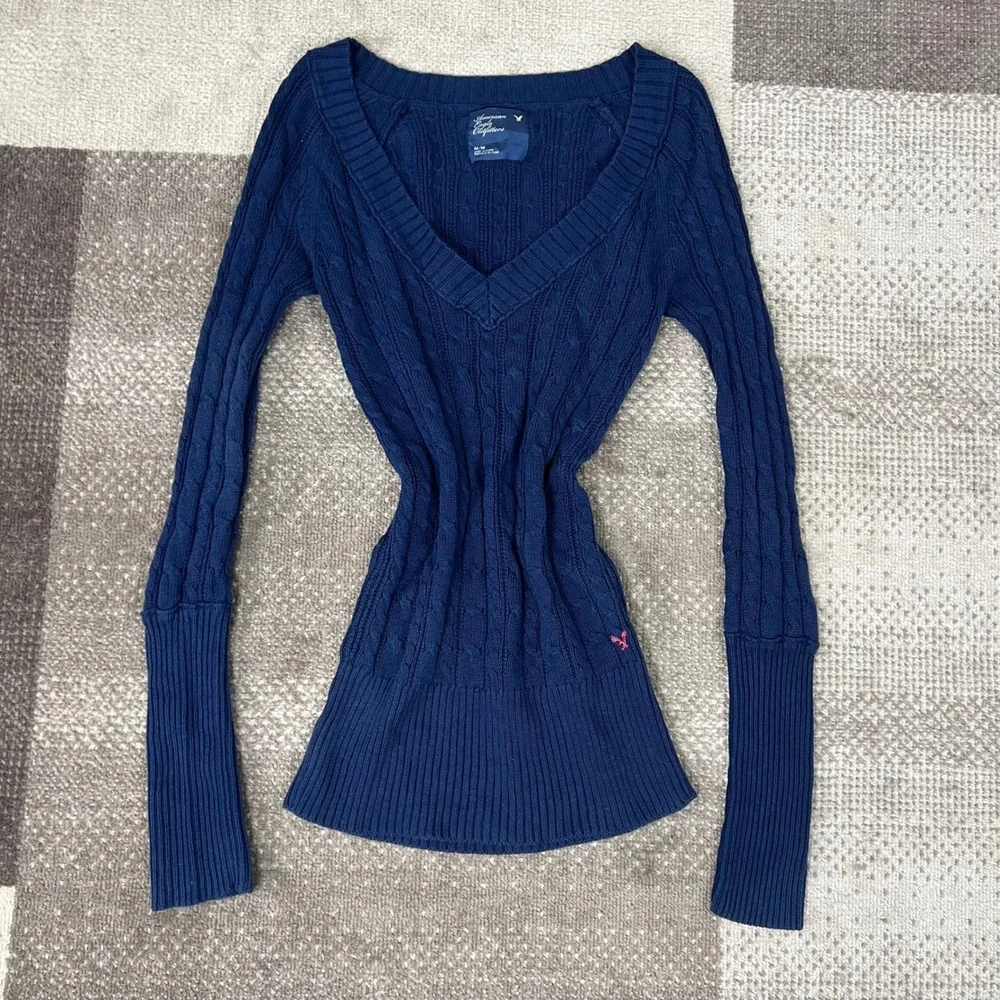 Y2K American Eagle Navy Blue Cable Knit V-Neck Sweater Womens Medium Snatched - Picture 1 of 8